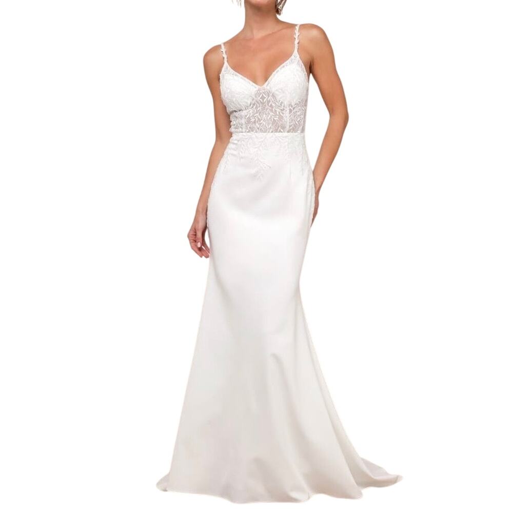 LULUS Infinite Adoration Ivory Beaded Embroidered Lace Maxi Dress Size XS SOO